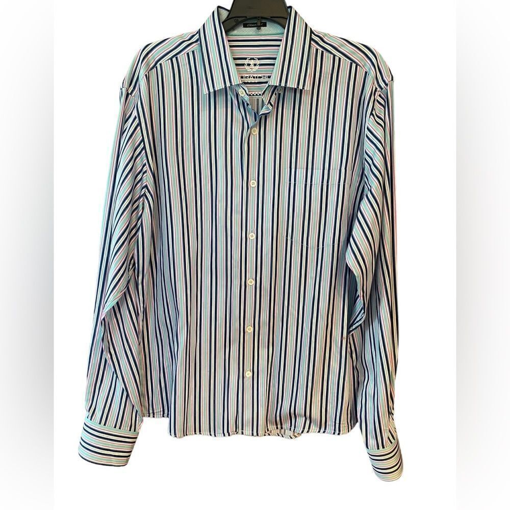 Bugatchi Sz XL* Seafoam Green Navy Blue Stripes Plaid Flip Cuffs Dress Shirt